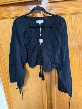 Black V-Neck Tassel Peasant Top